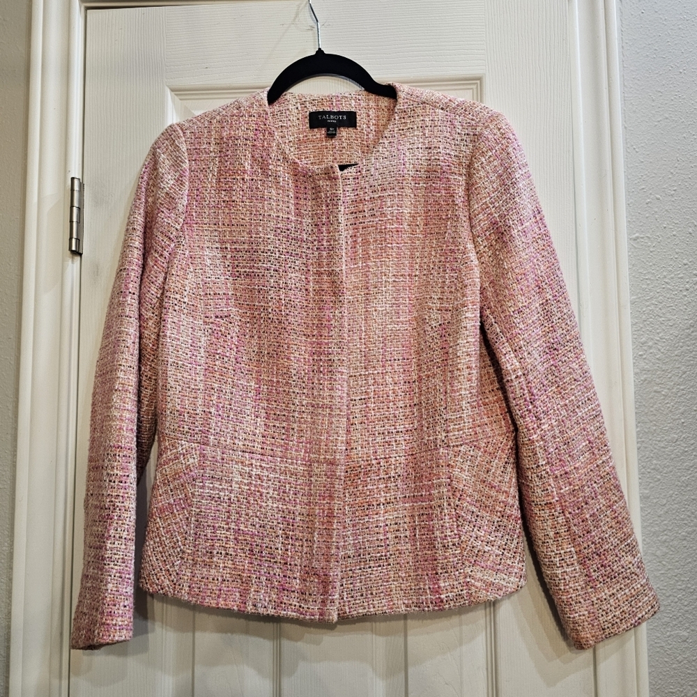 Talbots Tweed Blazer Jacket Full Zip Long Sleeves Pink Multi Women's 12p Peplum